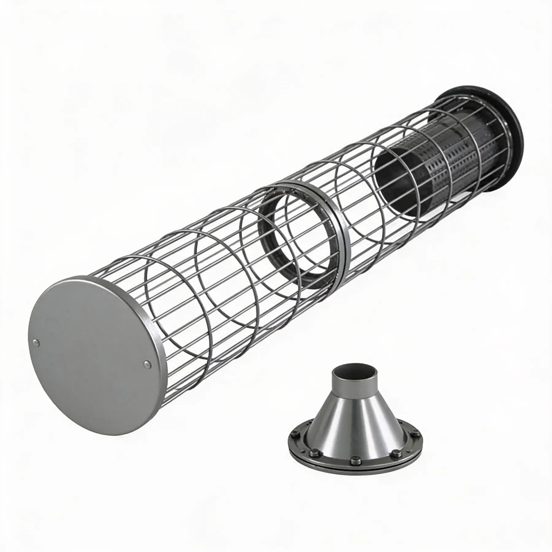 Metal baghouse filter cage with venturi attachment to the right.