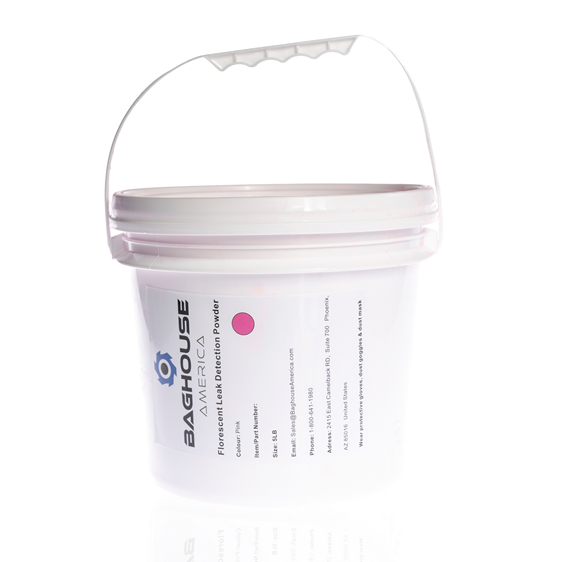 White plastic bucket with lid and a metal handle, labeled for fluorescent leak-detection powder (pink dot). Run-down of contents implied by label.
